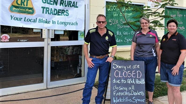 Longreach's Michael Sellick, Judy Glen and Tricia Bichsel, Glen Rural Traders, were among hundreds of legitimate firearm dealerships forced to close.