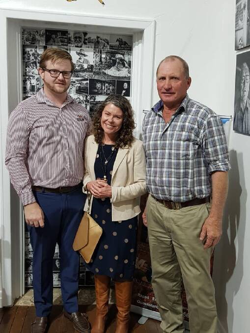 Blackall-Tambo councillors, Boyd Johnstone and Lindsay Russell, both with their own historic connections to Blackall, enjoying the exhibition with Blackall Cultural Association president, Fiona Russell.