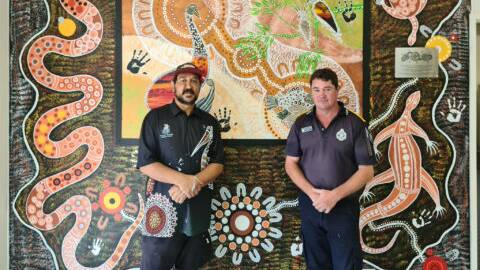 Police Liaison Officer Adam Osborne and local artist Gordon Lister created a wall mural in the foyer of St George Police Station, showcasing the Look to the Stars acknowledgement plaque and Mr Listers painting depicting the relationship between local police and First Nations groups.