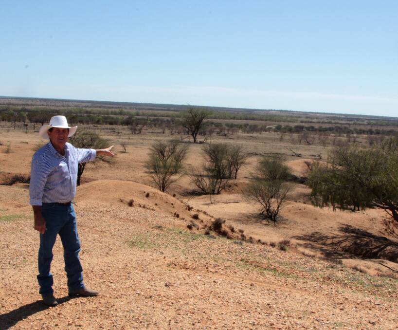 Waiting for water: John Wharton demonstrates the extent of the O'Connell Creek off-stream storage idea west of Richmond, which would stretch 18km and hold 350,000 ML. Picture: Sally Cripps.