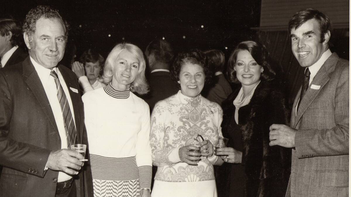 Ken and Margaret Riley at a cocktail party for the 1976 Blackall Show with host Mollie Greenhalgh, guest of honour Annette Allison, and judge Rob Ashby.
