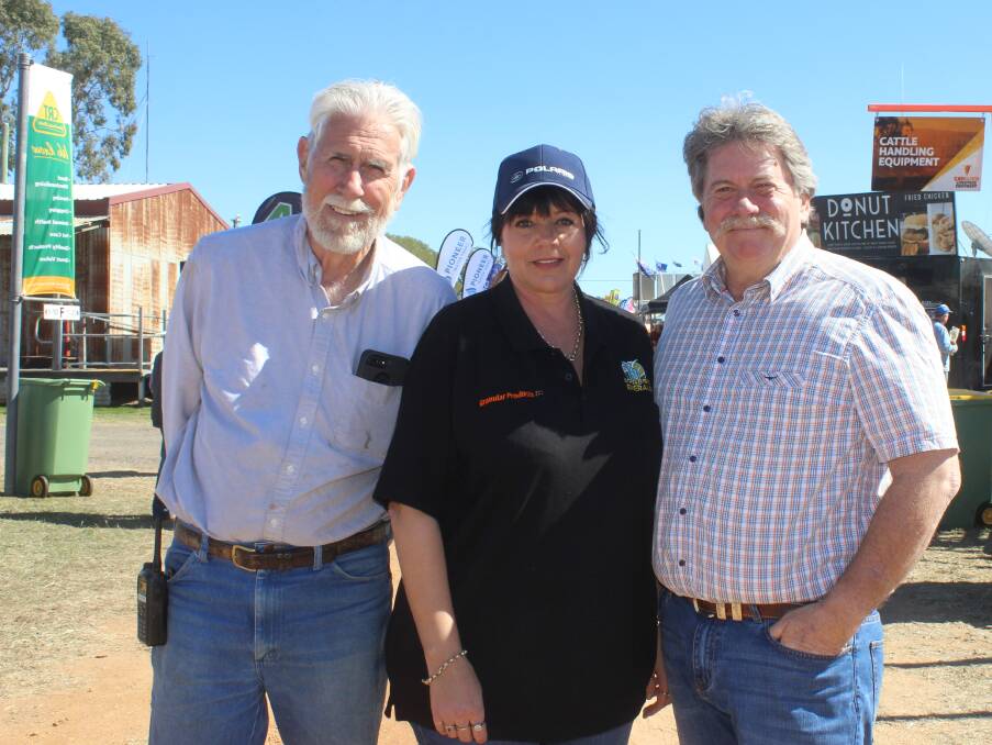 LOOKING AHEAD: Geoff Dein, with Donna Reeves and Neale Stuart at Ag-Grow 2019, is chasing a place on the Central Highlands Regional Council.
