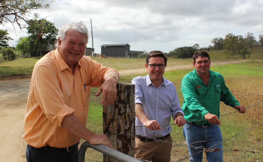 Federal MP Ken O'Dowd, Minister for Agriculture David Littleproud and Will Wilson, Calliope Station, Calliope, are happy with the latest funding commitment for an awareness program about the EPBC Act. 