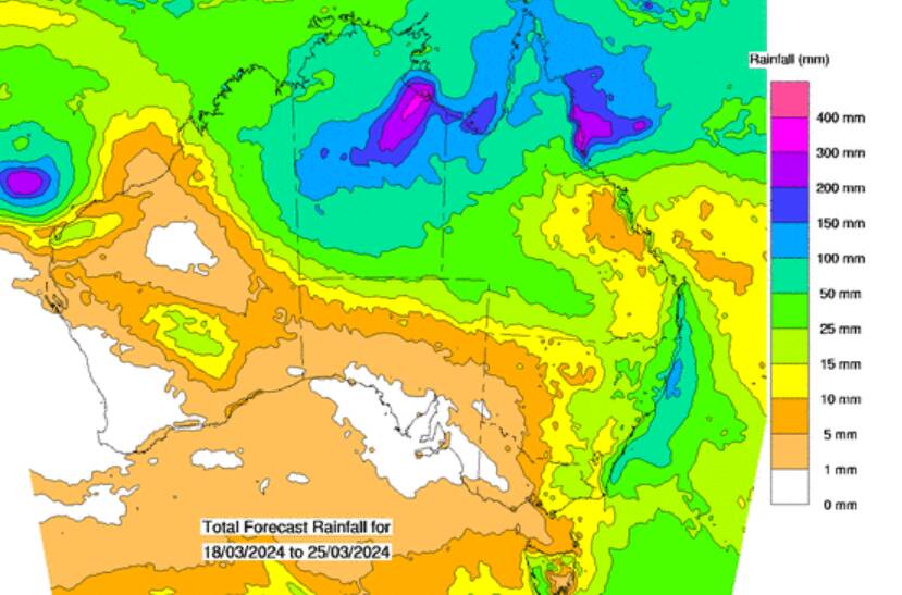Predicted rainfall across Australia from March 18 to March 25. Source BOM 