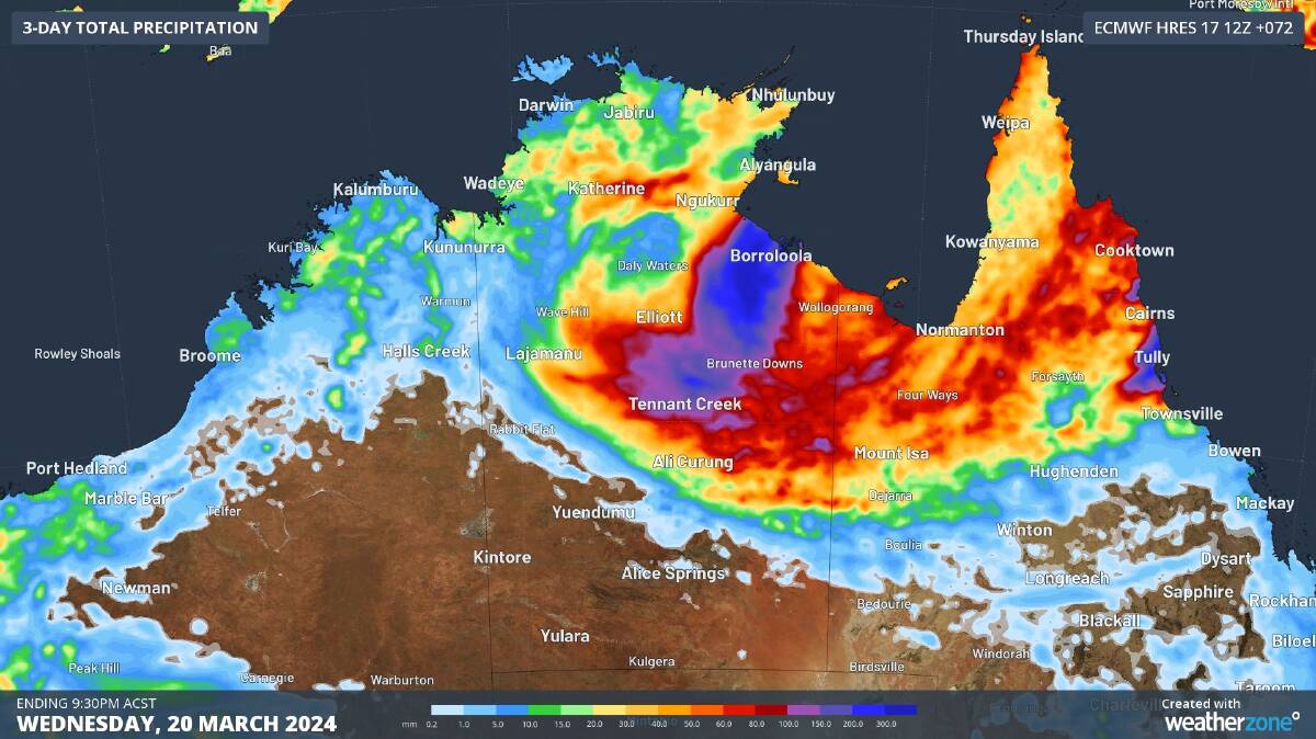 The map below shows how much rain one forecast model is predicting over the NT between Monday and Wednesday. Source Weatherzone 