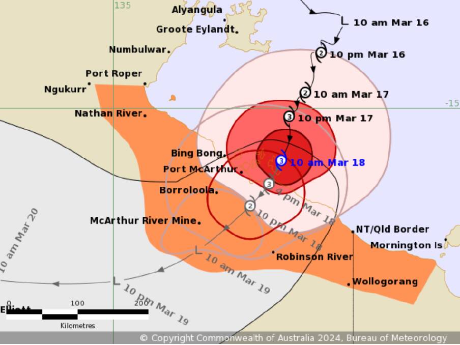 Image: Track map for severe tropical cyclone Megan, issued at 10:21am ACST on Monday, March 18, 2024. A more recent track map may be available. Source: Bureau of Meteorology
