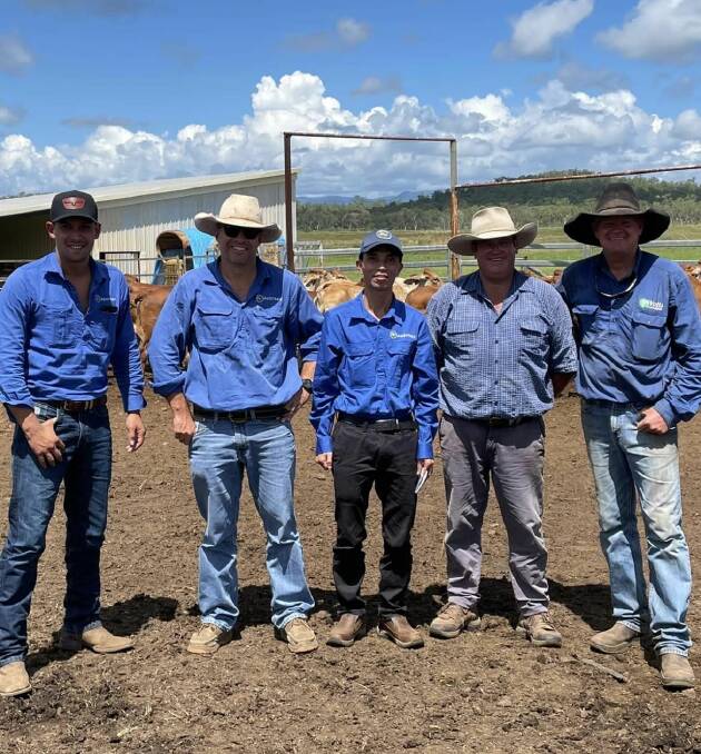 Austrex's Liam MacFarlane, Austrex livestock manager Warrick Barrett, cattle selector for Gialai Provence, Vietnam, Mr Huongh Van Do, Paul Cooper, Nutrien Mackay Livestock and vendor Warren Watts, Yarraman Springs, OConnell River with some of the cattle bound for Vietnam. Picture: Supplied 