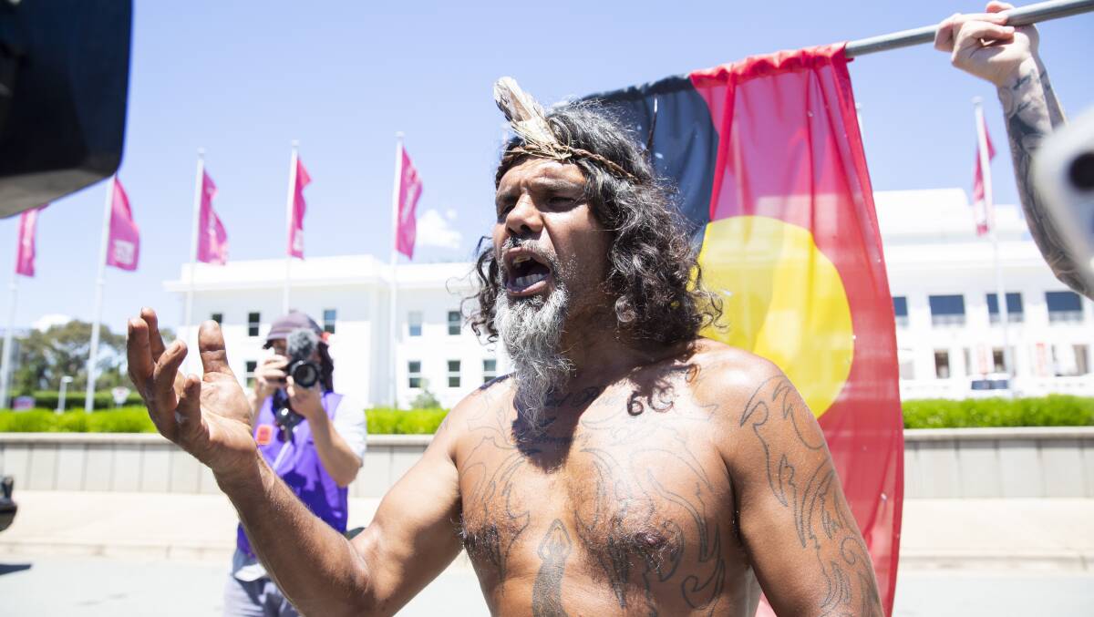 First Nations person speaks to media out the front of Old Parliament House on Thursday. Picture: Dion Georgopoulos