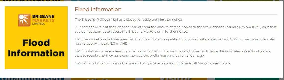 ONLINE: The flood information notice on the Brisbane Markets website. 
