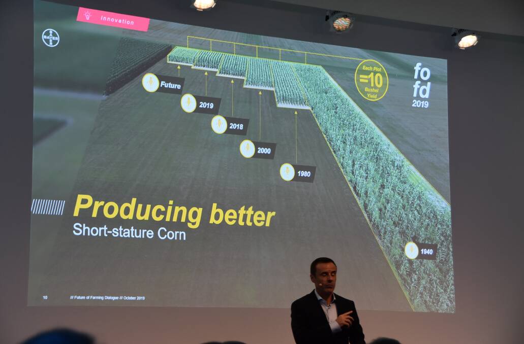 INNOVATION: Bayer Crop Science division president, Liam Condon, referencing short stature corn during his presentation at the Future of Farming dialogue in Germany. 