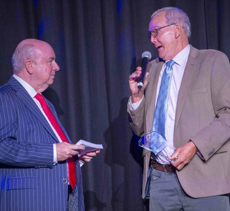 Dougal McDougall, Biloela, is interviewed by compere David Fowler at the 2018 Queensland Horse of the Year Awards after champion mare Mollys Robe bred at the McDougall familys Lyndhurst Stud, Warwick, in 1915 was inducted into the Queensland Racing Hall of Fame. Picture: Racing Queensland