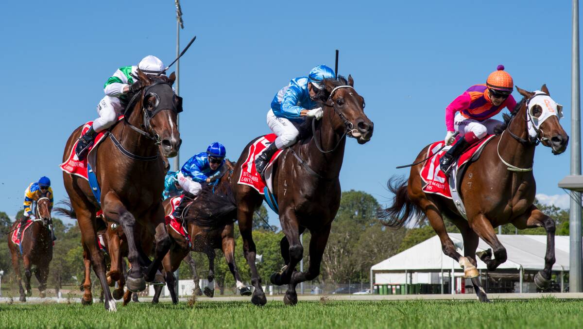 Racing down the outside to win a 2YO Maiden Plate at the Sunshine Coast on April 25 is Better Than Ready filly Eelloh (orange cap) ridden by Taylor Marshall. Picture: Racing Queensland