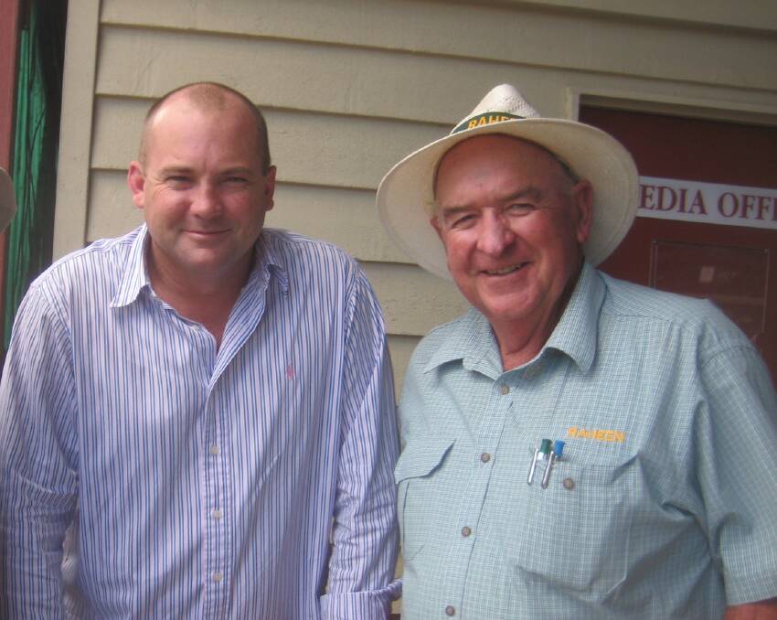 Former Melbourne trainer Peter Moody (left) and Thoroughbred Breeders Australia president Basil Nolan, Raheen Stud, Gladfield pictured at the 2011 Magic Millions yearling sale at the Gold Coast.