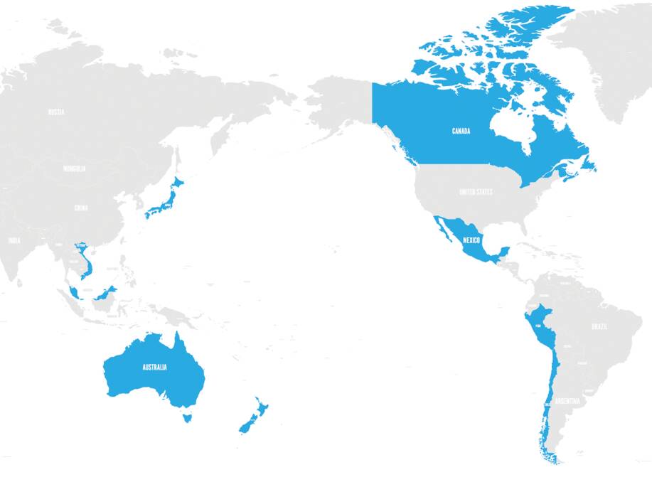 ALLIANCE: Map of the Comprehensive and Progressive Agreement for Trans-Pacific Partnership (CPTPP), with member states highlighted in blue. China is the second country seeking to join the deal after the UK sought membership earlier this year. Picture: Shutterstock