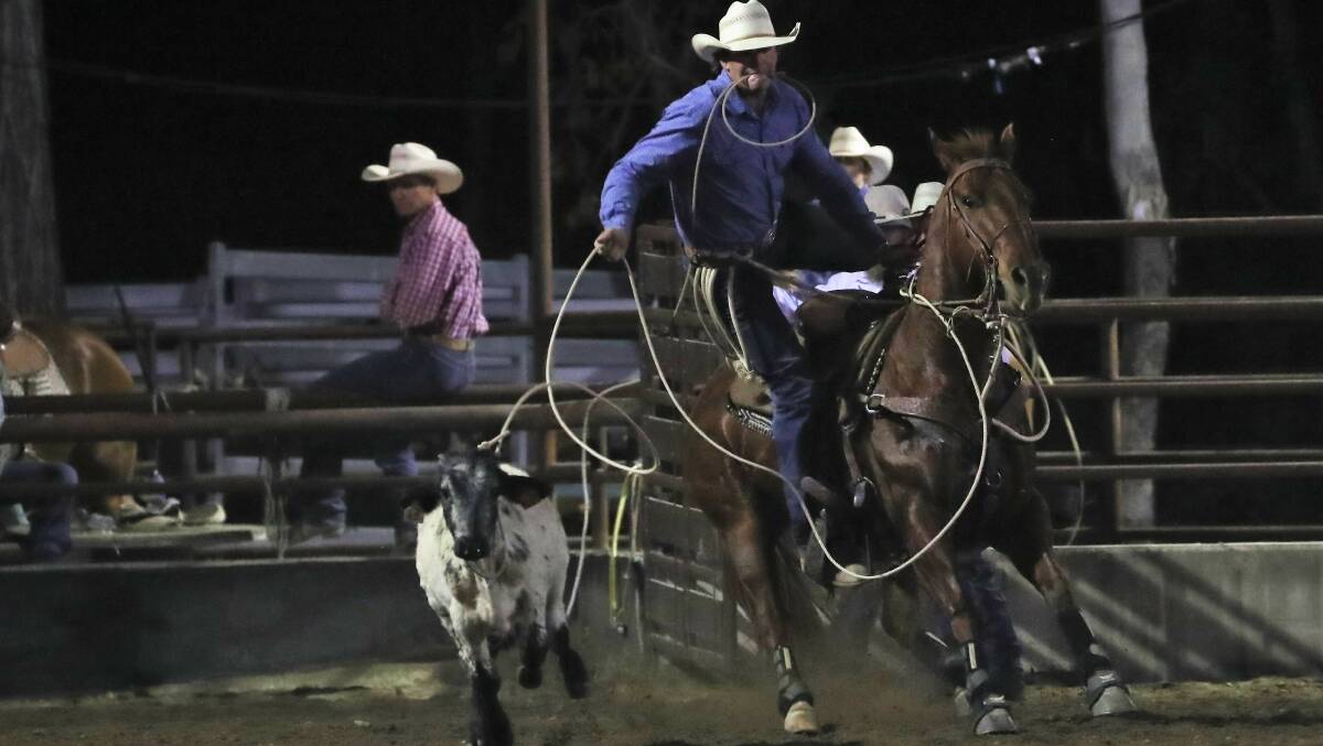 Liam Davison, Charters Towers, won the rope and tie at the Merrijig Rodeo in Victoria. Picture - Barry Richards 