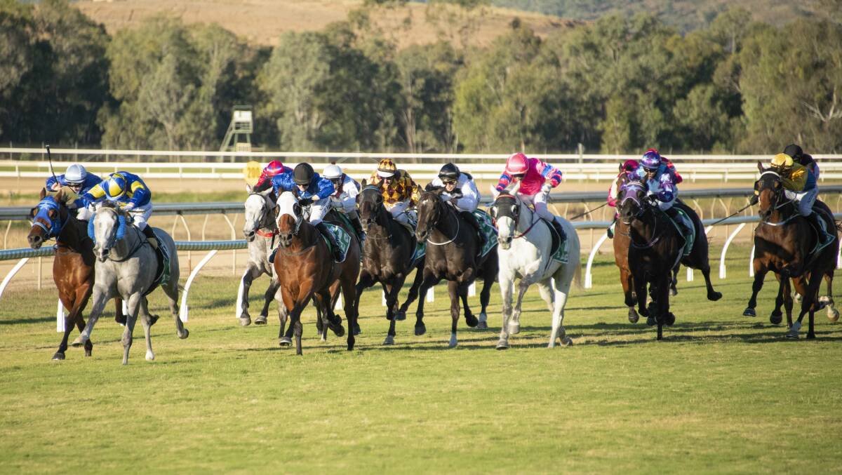 Grey gelding Absolut Artie (blue and yellow cap - one off the fence) ridden by Ryan Wiggins prevails to win this year's Rockhampton Cup. Picture: Caught in the Act Photography CQ
