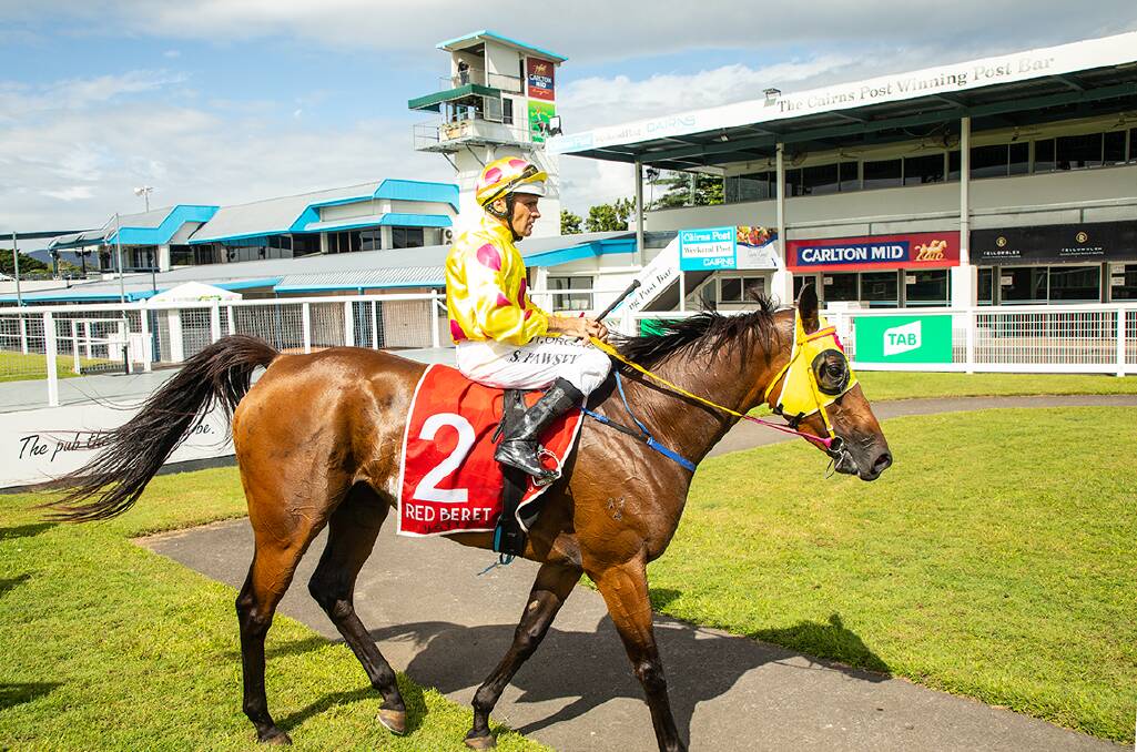 Mandated patron-free racing meant the Cairns grandstand and surrounds were empty when Luvya Break ridden by Shane Pawsey returned to scale after winning the 1500m Open Handicap. Picture: Mike Mills
