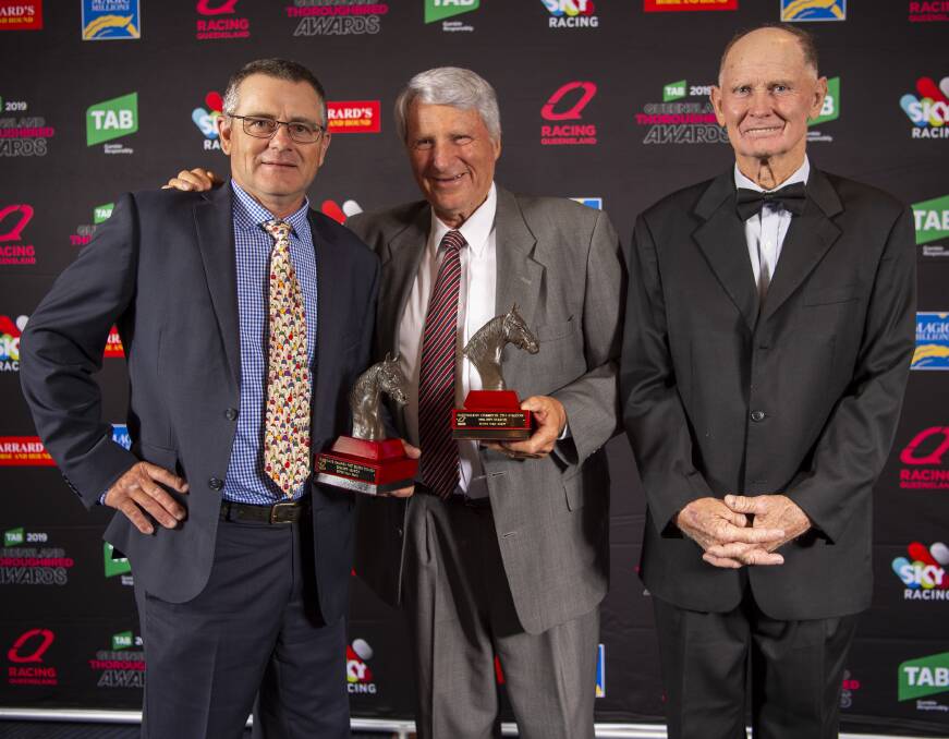 Champion 2YO and First Season sire was Better Than Ready. Pictured (from left) are: Jeffrey Kruger, Lyndhurst Stud, Warwick, Richard Foster, Yarramalong Park, Kalbar (senior owner) and Thoroughbred Breeders Queensland Association vice-president Stan Johnson.