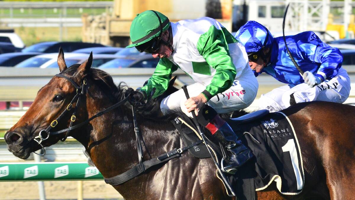 Four year old mare Outback Barbie (white and green colours) ridden by Jim Byrne won the first $20,000 QTISx bonus with victory in Listed Keith Noud Quality at Doomben last November. More than $1.7 million in QTISx sales vouchers will be available across the 2020 Queensland Racing Carnival along with a further $340,000 in breeders bonuses. Picture: Racing Queensland
