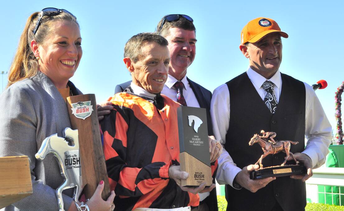 Winning connections of Battle of the Bush series final winner Hanover Square are (from left): co-owner Jo Rayner, Chinchilla; jockey Michael Cahill; co-owner and former trainer Leonard (Michael) Mawn, Chinchilla; and trainer Bevan (Billy) Johnson, Miles. Picture - Racing Queensland.