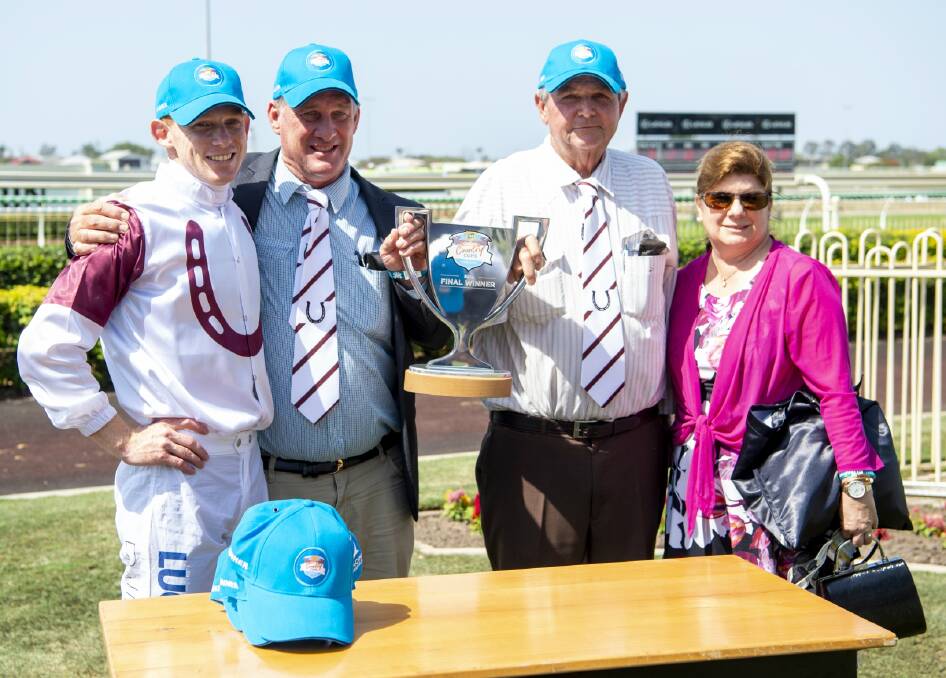 All smiles after Deadly Choices won the Country Cups Challenge final at Doomben were (from left): jockey Dan Ballard and Camooweal owners Lloyd Hick, Lindsay Miller and Wendy Hick. Picture: Racing Queensland
