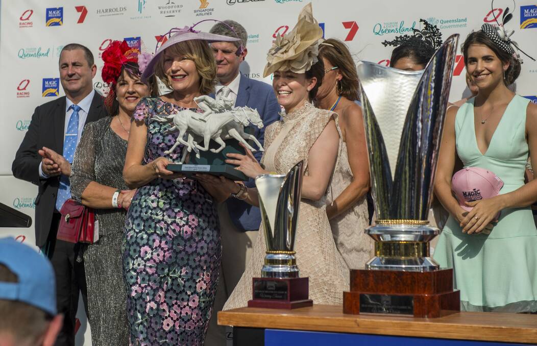 Connections of Sunline win the $500,000 Magic Millions Racing Womens Bonus and trophy from Magic Millions co-owner Katie Page-Harvey (third left) after their filly won the 2018 Magic Millions 2YO Classic. The incentive been now expanded to include a new $250,000 bonus on the Gold Coast Magic Millions 3YO Guineas. Picture: Magic Millions