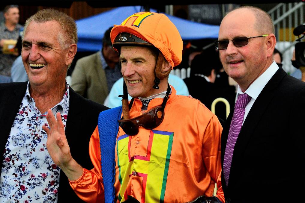 Tyzone connections Tom Hedley, jockey Blake Shinn and trainer Toby Edmonds after Tyzone won last year's BRC Sprint at Doomben prior to running second in the Stradbroke. Tyzone atoned for that defeat by winning this year's Stradbroke ridden by Robbie Fraad. Picture: Racing Queensland
