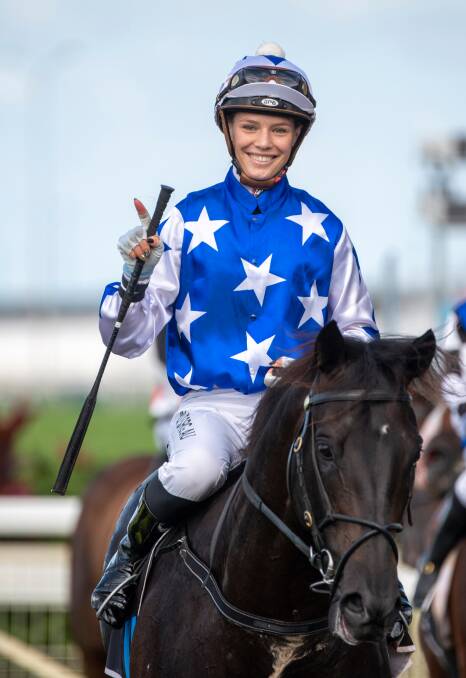 Apprentice jockey Stephanie Thornton is all smiles after The Odyssey won the QTIS 3YO Jewel Prelude at Doomben. Picture: Racing Queensland
