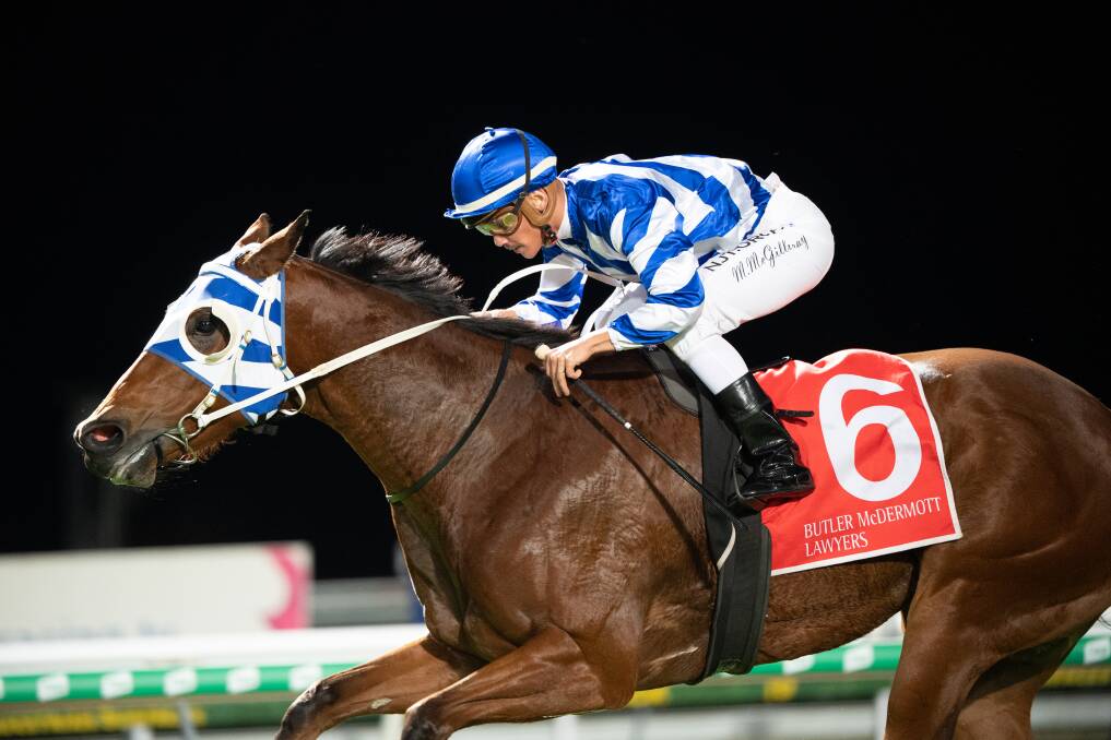 Four-year-old mare Pennino ridden by Matt McGilivray scored her second black type win with victory in the Listed Chief De Beers Handicap at the Sunshine Coast. Picture: Racing Queensland
