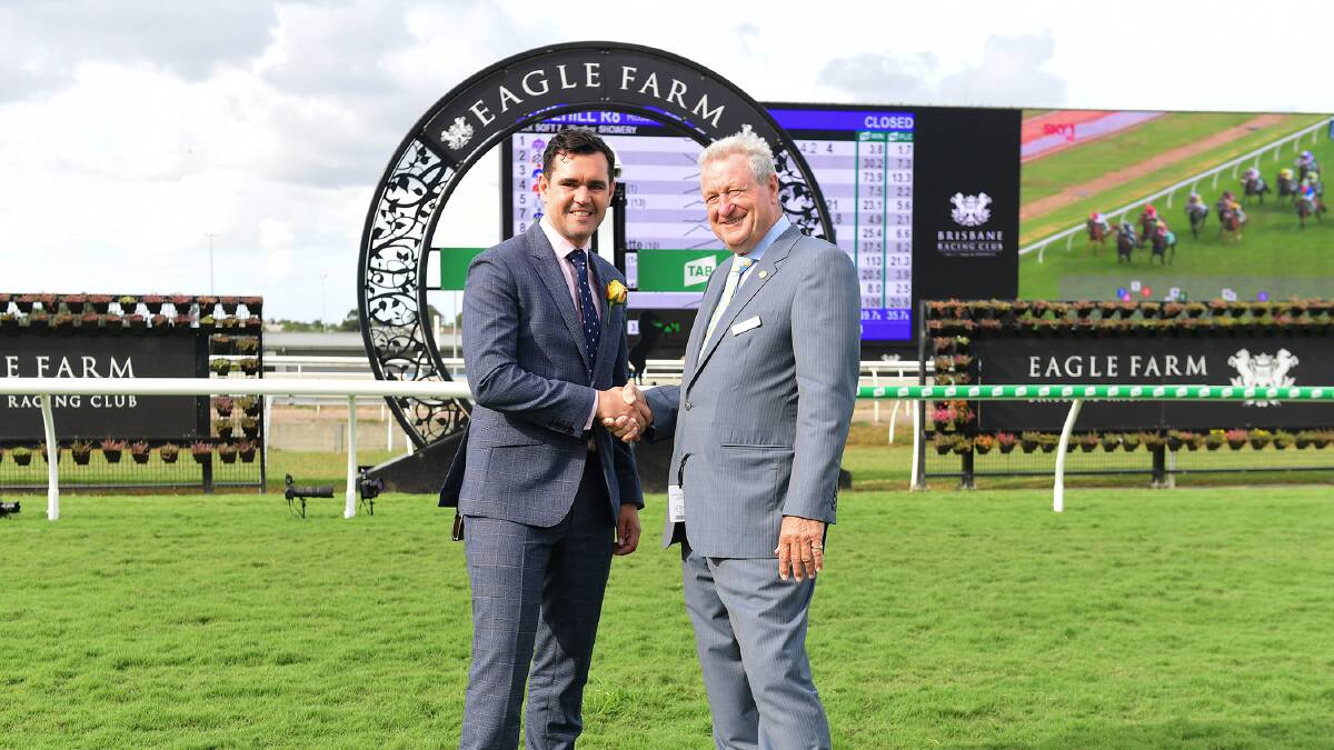 Tabcorp executive general manager – wagering Andy Wright (left) and Brisbane Racing Club chairman Neville Bell. 