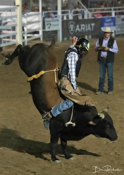 Bailey Woodard is now at the top of the APRA bull ride standings. Picture - Barry Richards