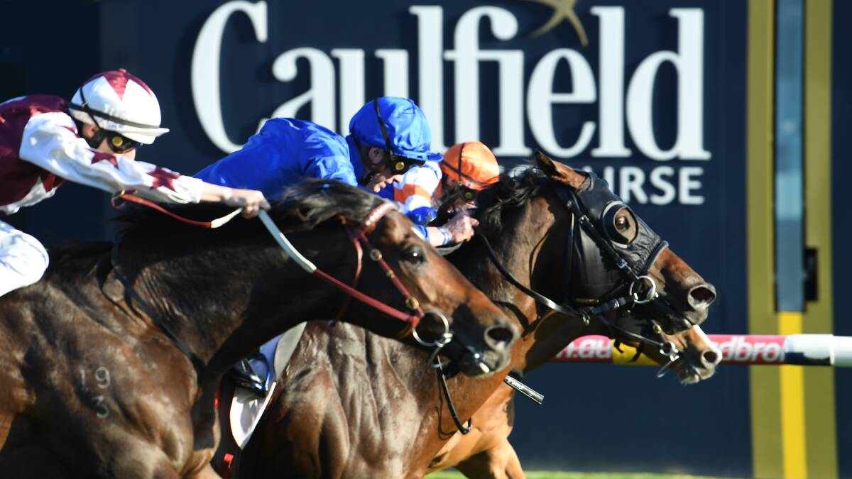 James Doyle rides Jungle Cat (centre) to victory at Caulfield Racecourse in Melbourne, on September 22, 2018. (AAP Image/James Ross)