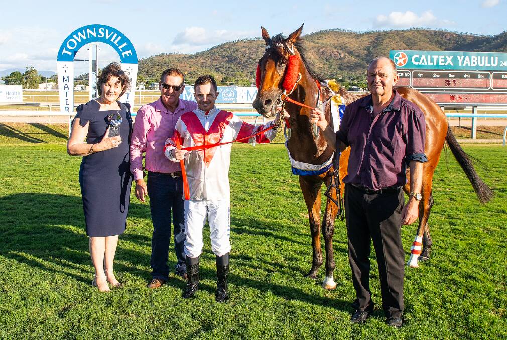 Townsville Great Northern 2YO Classic winner was 2YO filly Bold Eos pictured with Townsville owners Robyn and Graham Cleary (left), jockey Ryan Wiggins and Sunshine Coast trainer Garnett Taylor. Picture: Mike Mills