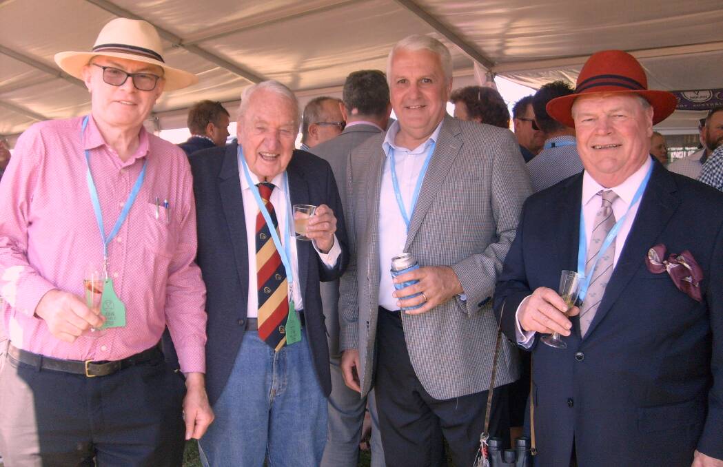 Brisbane visitors pictured with Gympie Muster Cup sponsor Terry Nolan (third left) were (from left): Former Victorian farmer and racing enthusiast John OToole, former Queensland Country Life market columnist Stan Wallace and Queensland Country Life and North Queensland Thoroughbred columnist Phillip Bate. Picture: Mark Phelps 