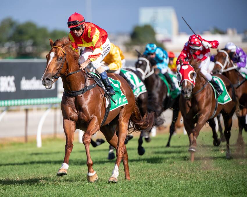 Eureka-bred 2YO colt Wisdom Of Water ridden by Robbie Fraad races clear to record a 2.8 lengths win in the Group 3 Ken Russell Memorial for 2YOs at the Gold Coast. Picture: Racing Queensland
