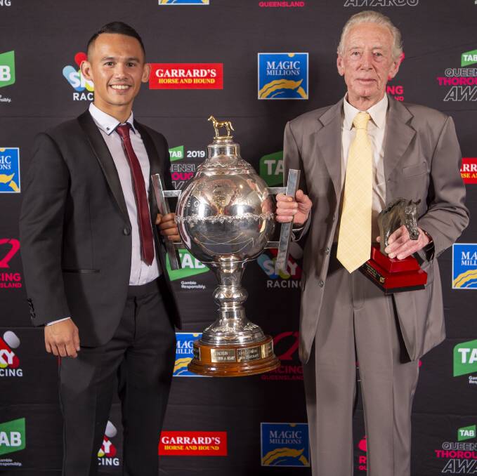 Jockey Matthew McGillivray (left) and trainer Gary Newham with Horse of the Year trophy won by Winning Ways.