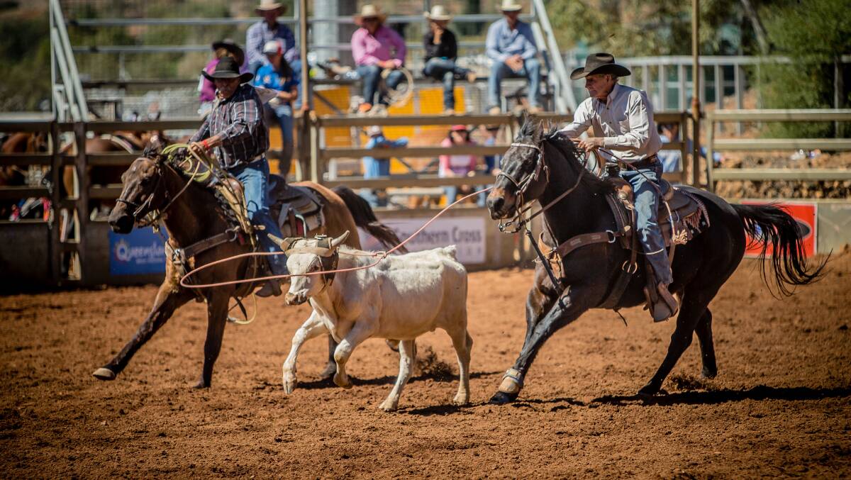 Bob Holder still competes at the Mt Isa Rodeo in team roping at age 87. Picture: Purple Fairy Photography