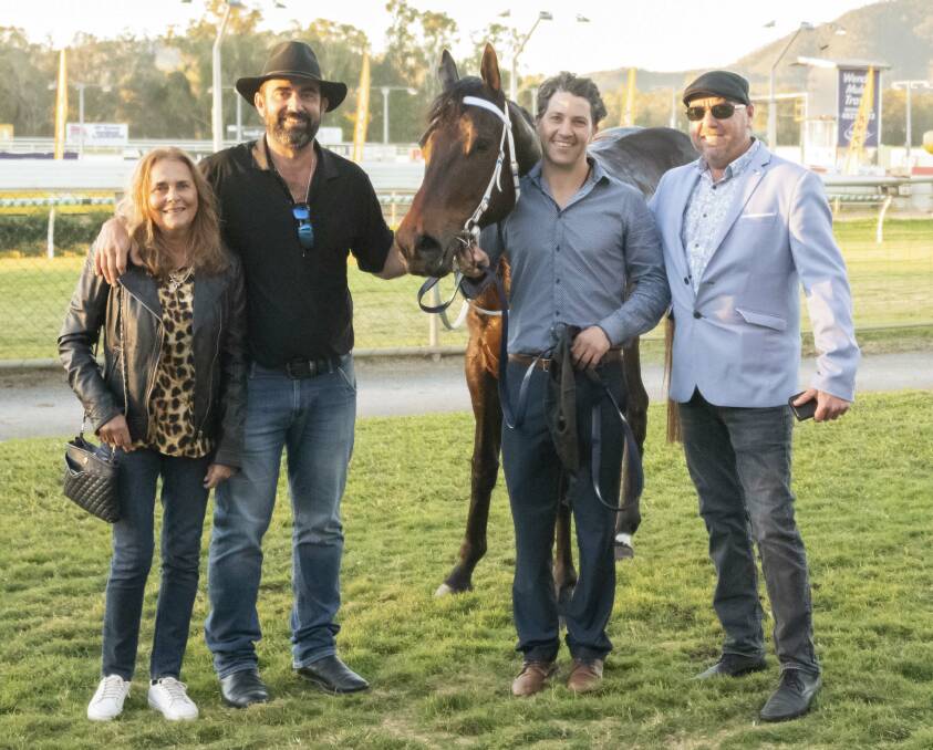 Rockhampton Newmarket winner Doctor Zous pictured (from left) with co-owner Mark Van Senden and partner Sue Hunt, Sunshine Coast, Hansen stable foreman Kane St Vincent (holding horse) and trainer Darryl Hansen, Sunshine Coast. Picture: Caught in the Act Photography CQ
