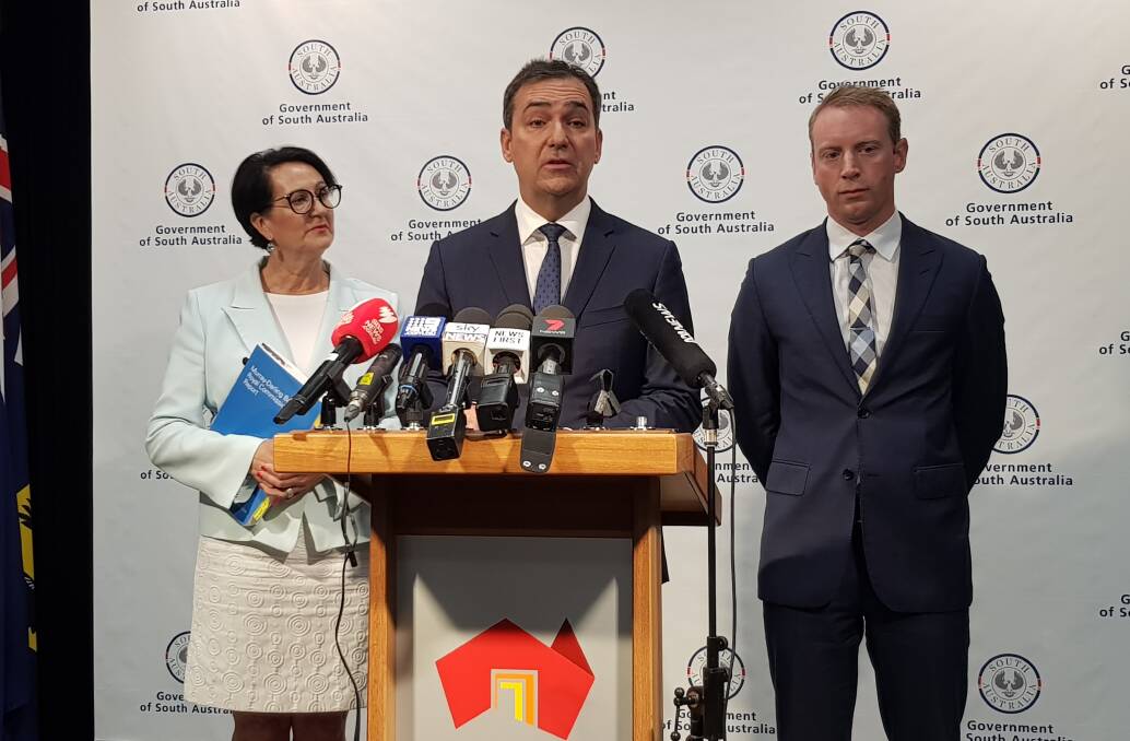 CAUTION NEEDED: SA Attorney-General Vickie Chapman, Premier Steven Marshall and Environment and Water Minister David Speirs speaking at a press conference releasing the Murray-Darling Basin Royal Commission.
