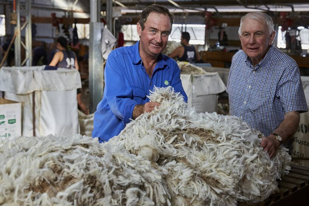 WOOL QUALITY FOCUS: John Sutherland and Peter Small inspecting elite wool for Toorallie's winter 2020 knitwear range.
