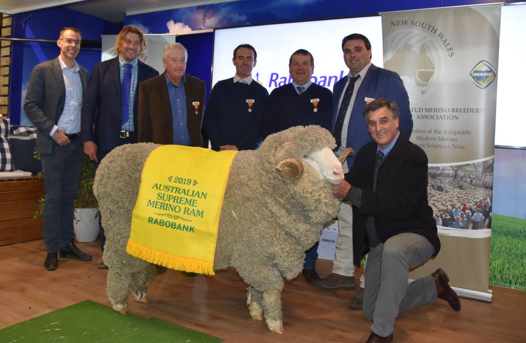 BIG WINNER: Chris Clonan, Alfoxton stud, Armidale, holds his Australian Supreme Merino Ram with (at rear from left) Rabobank's Marcel van Doremaele, and judges, Tom Small, NZ, Colin Seis, NSW, Henry Armstrong, NSW, Paul Meyer, South Australia, and Greg Alcock, NSW. 