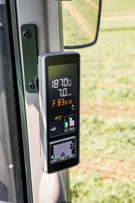 CORNER POST: The AutoTrac integrated guidance screen built into the corner-post display of the Deere 5R and 6M utility tractors.