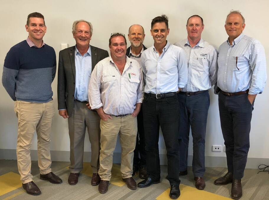 National Supply Chain Group members Dave Bevis, Coles Lamb Production Manager; Prof Dave Pethick, Sheep CRC Meat Program Leader, Murdoch University; Mark Inglis, JBS Australia Farm Assurance and Supply Chain Manager; Bruce Hancock, CRC National Supply Chain Group Coordinator, PIRSA; Assoc Prof Graham Gardner, Principal Investigator ALMTech / Sheep CRC , Murdoch University; Richard Apps, MLA Manager Co-innovation & Objective Measurement; and Christian Ruberg, MLA R&D Program Manager – Supply Chain Technology.
