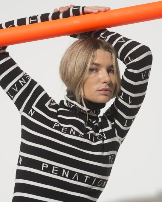 International supermodel Jess Hart fronts the P.E Nation campaign wearing the commercially available Merino wool knits.