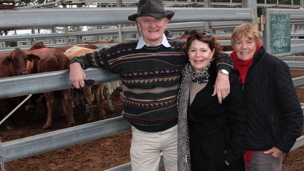 Dr Bill Glasson, his sister Sharon Glasson and Kingaroy visitor Cherie Brazier at the Blackall sale in 2016.