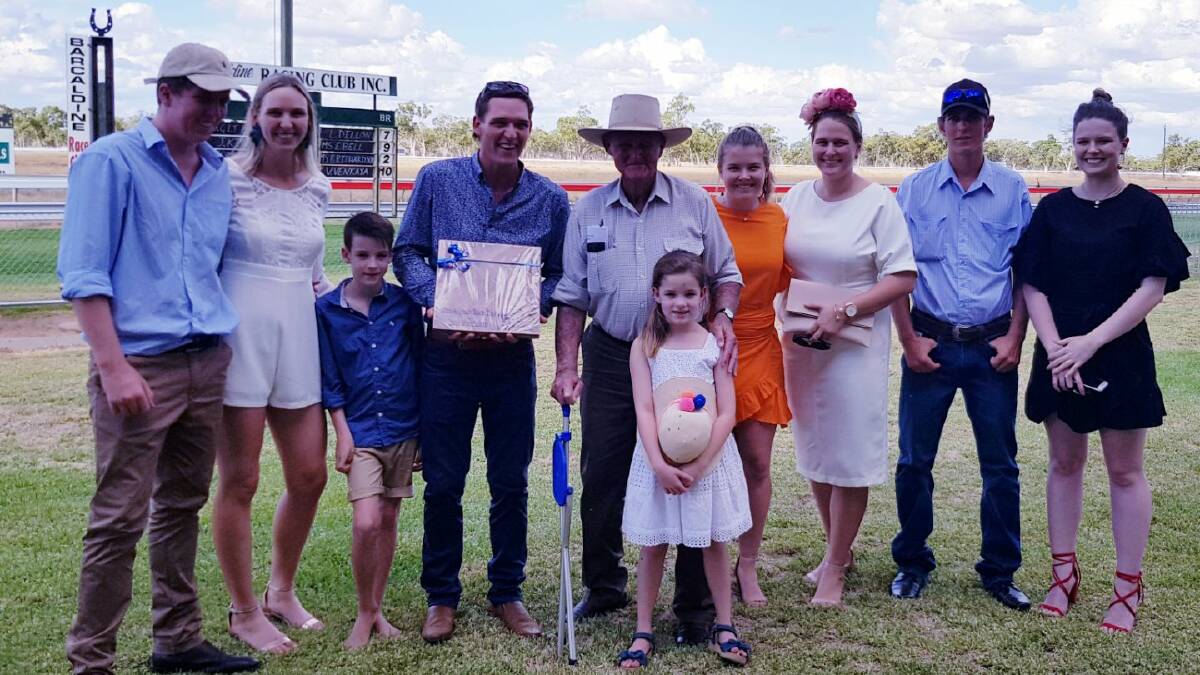 Jim Allpass (centre) with his family at the Barcaldine Race Club. 