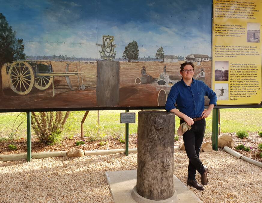 Taking a break at the Blackall black stump on my first day on the job. 