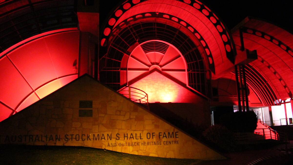 The Australian Stockman's Hall of Fame in Longreach, one of more than 70 locations bathed in red light to mark the Armistice Day centenary. PHOTO: Australian Stockman's Hall of Fame. 
