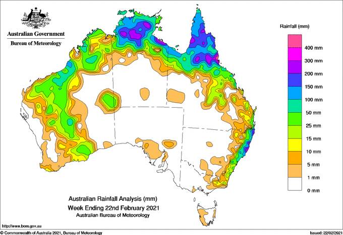 Australia rainfall last week ending Monday 22 February. Graph: BOM