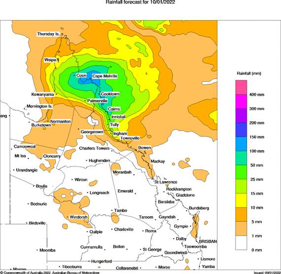 Queensland's forecast rainfall for Monday 10 January. Map: BoM 